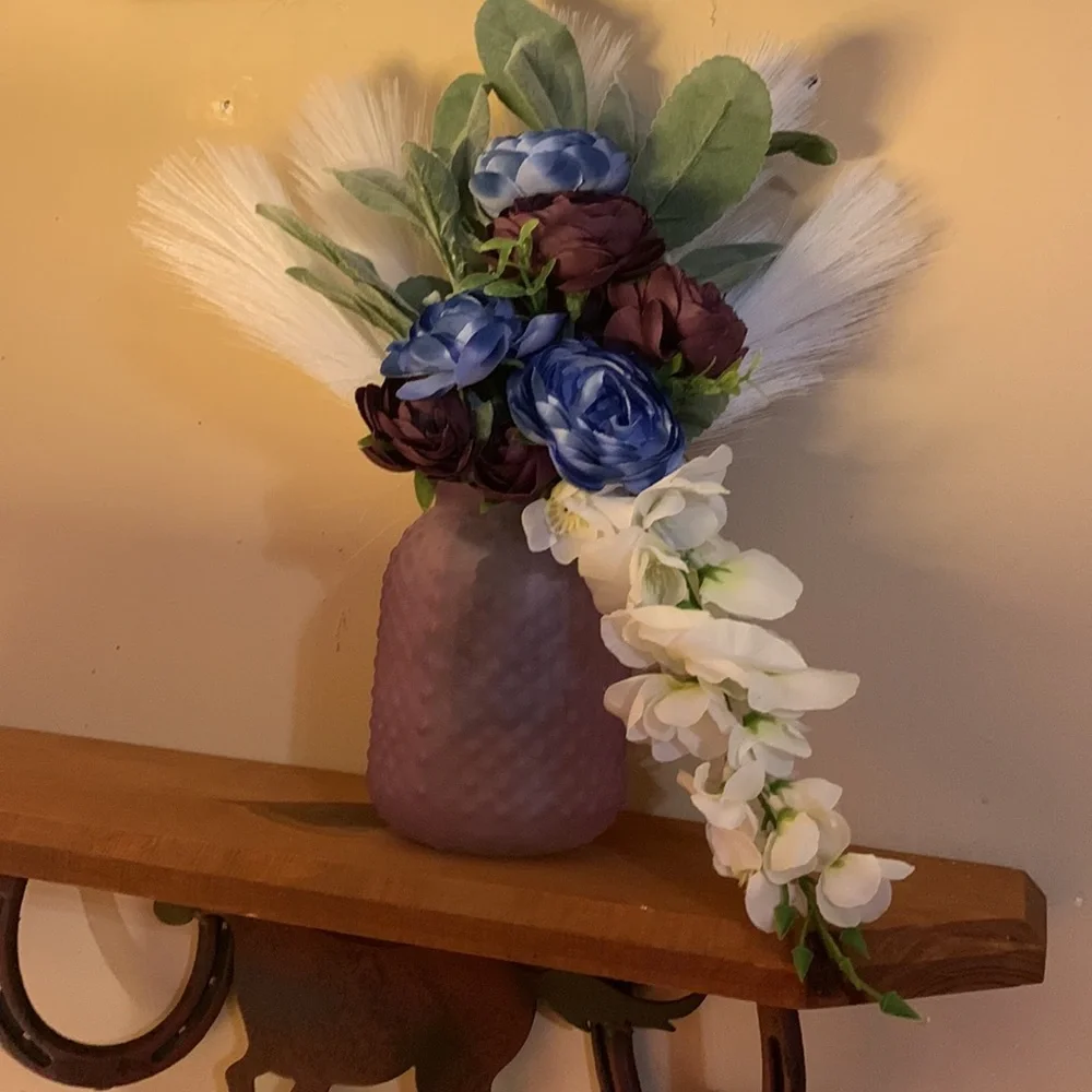 Hand Crafted- Silk floral arrangement with purple textured vase